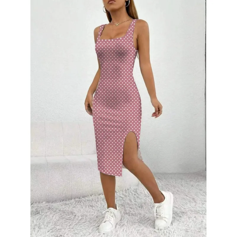 Women's Casual Elegant Thick Strap Square Neck Sleeveless Polka Dot Printed Slit Mid-Length Dress Skirt - Image 5