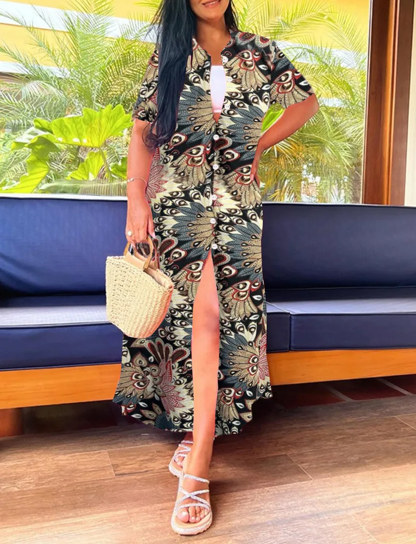 Women's Color Block Button Down Maxi Shirt Dress with 3/4 Sleeves, V Neckline and Side Slit for Summer Fashion - Image 3