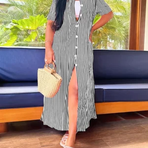 Women's Color Block Button Down Maxi Shirt Dress with 3/4 Sleeves, V Neckline and Side Slit for Summer Fashion