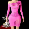 Women's Sexy Dress Asymmetrical Design Hollow Out Bodycon Dress Long Sleeve See Through Mesh Dress Club Party Street Outfit