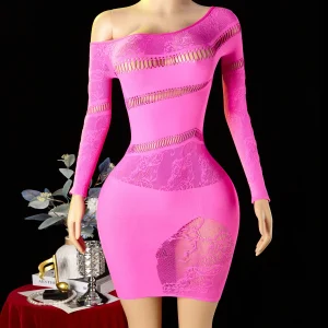 Women's Sexy Dress Asymmetrical Design Hollow Out Bodycon Dress Long Sleeve See Through Mesh Dress Club Party Street Outfit