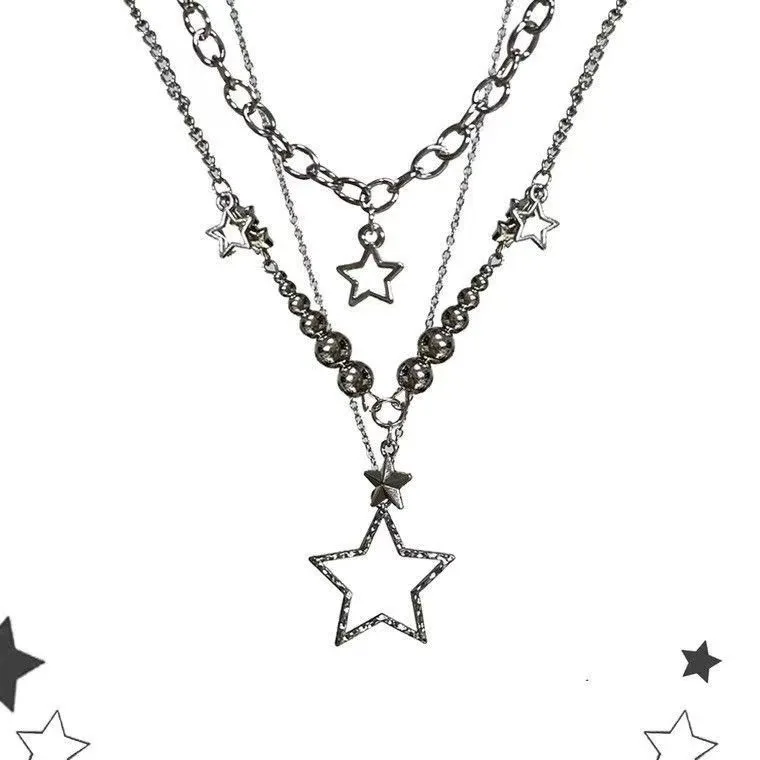 Women's Trendy Y2K Vintage Goth Star Pendant Necklace Multi Layered Simple Metal Chain Charm Statement Jewelry Gift