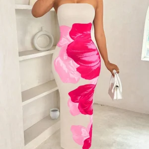 Women's fashion ins sexy ethos elegant slim-fit print with chest spread and slit bag buttock long dress