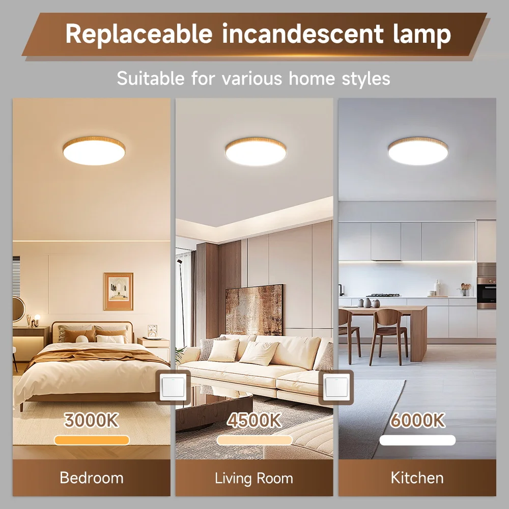 Wood Grain Color Ceiling Light LED Chandelier Ceiling Lights Tricolor Panel Lamps For Kitchen Living Room Bedroom Bathroom Decor - Image 5