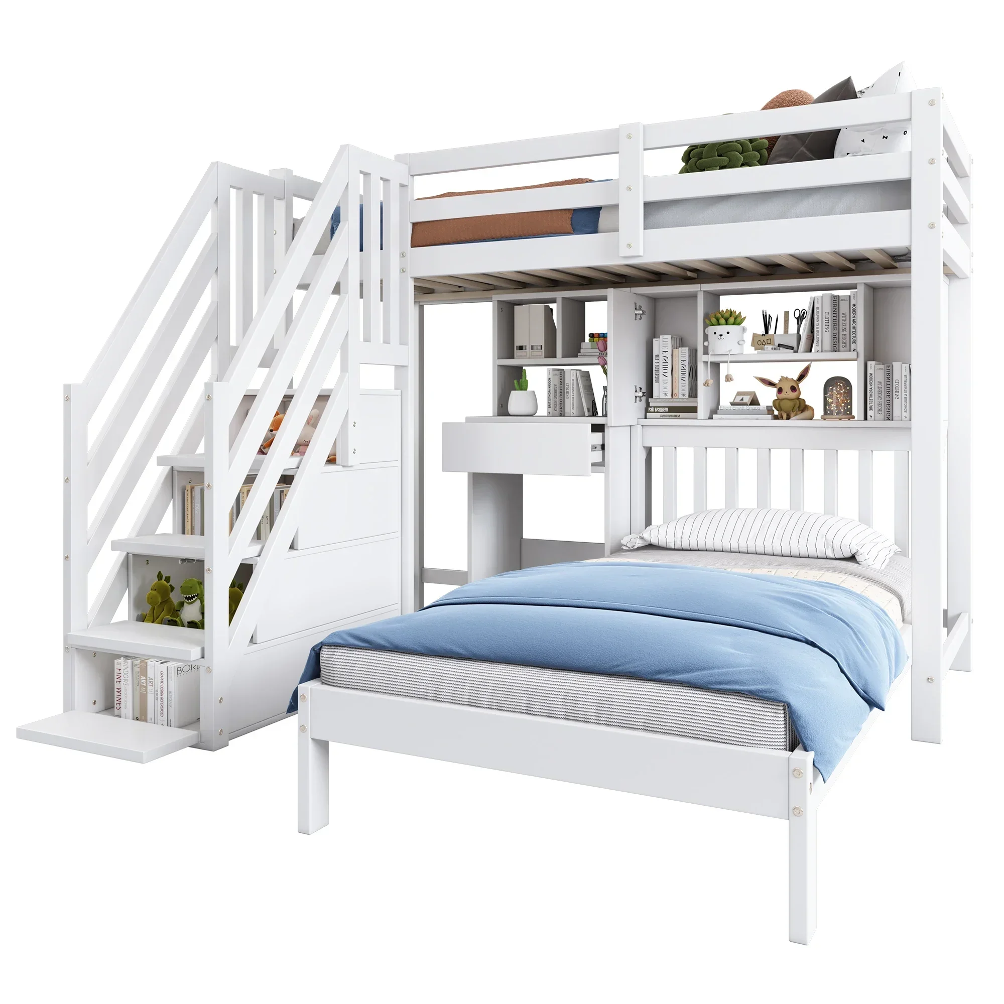 Wood House Bunk Bunk Bed Double Bed Multifunctional Children's Bed Storage Space Function With Desk And Shelve No Mattres PINGGO - Image 6