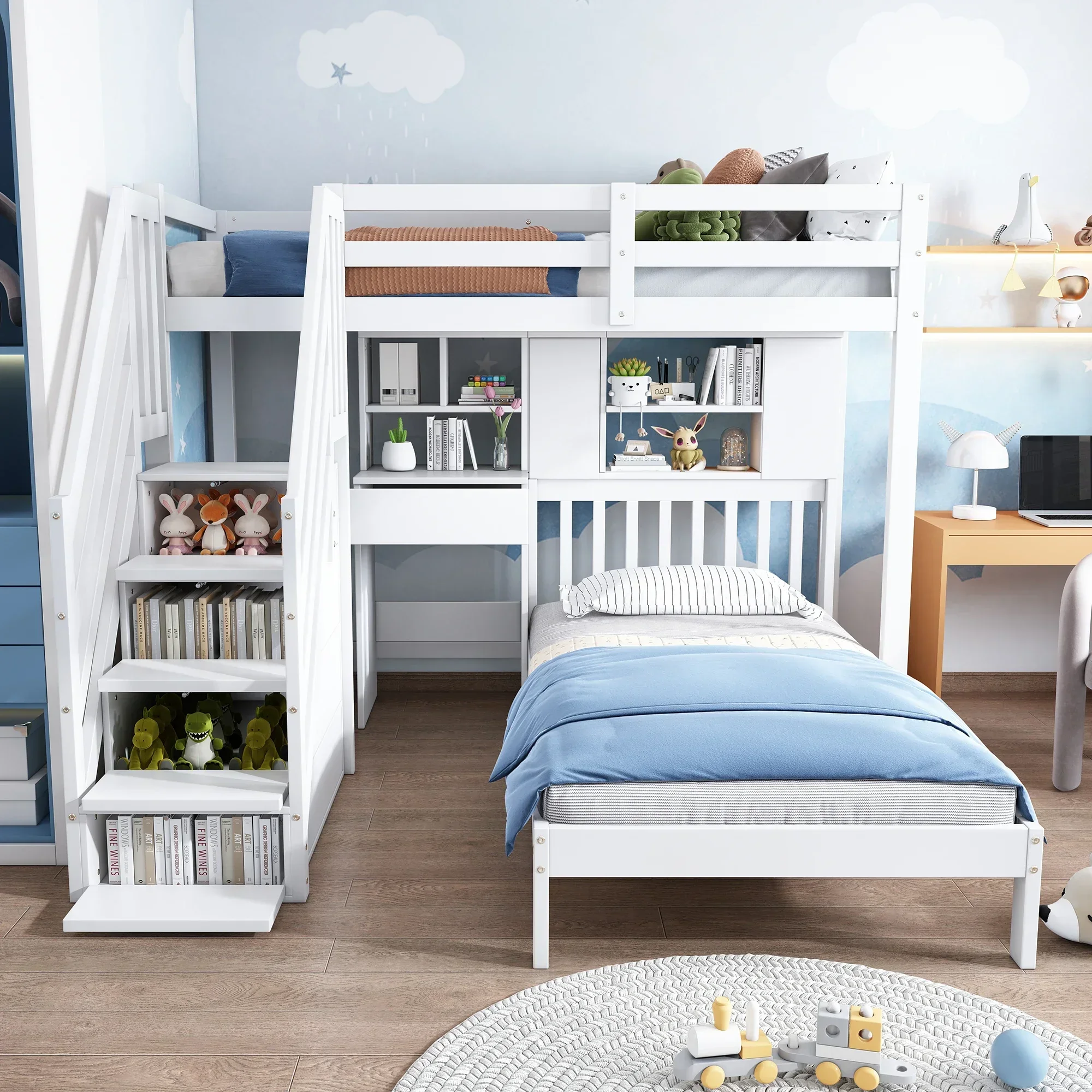 Wood House Bunk Bunk Bed Double Bed Multifunctional Children's Bed Storage Space Function With Desk And Shelve No Mattres PINGGO - Image 2
