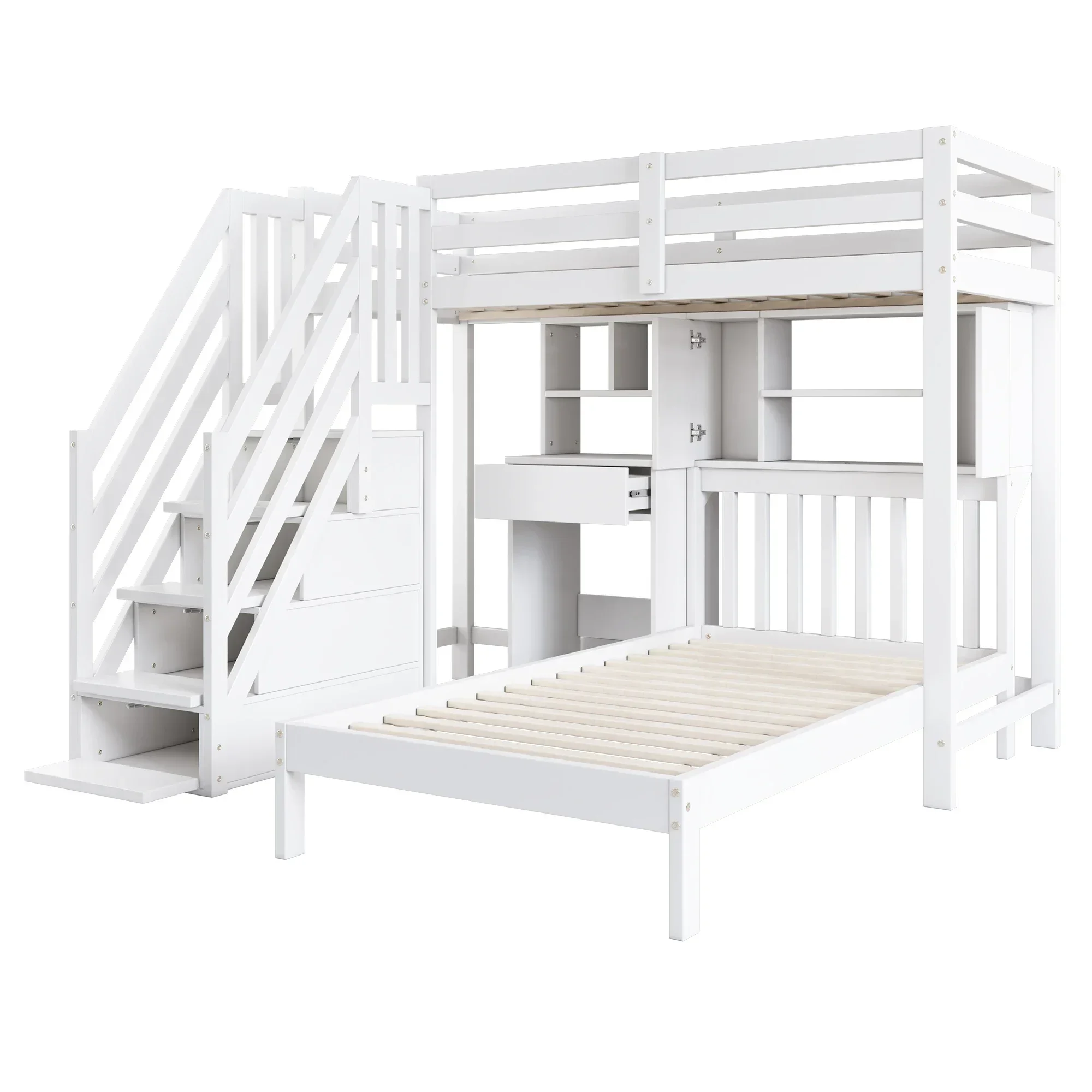 Wood House Bunk Bunk Bed Double Bed Multifunctional Children's Bed Storage Space Function With Desk And Shelve No Mattres PINGGO - Image 4