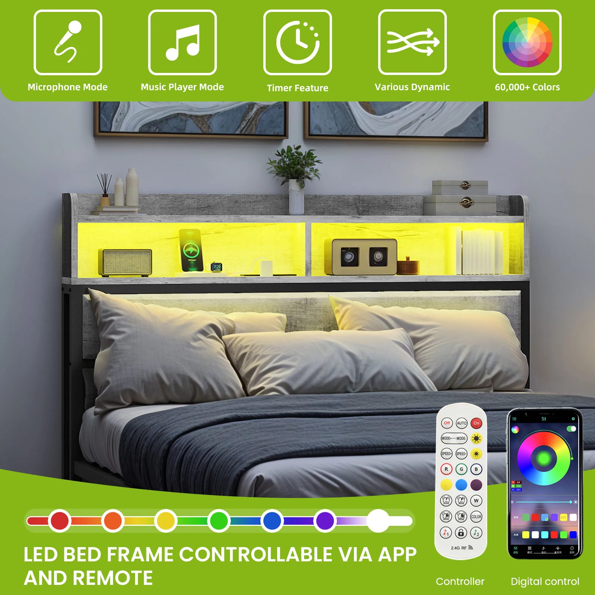 YITAHOME King Size Grey Bed Frame with LED Headboard, USB Ports & 2 Shelves - Metal Platform, No Box Spring Needed - Image 4