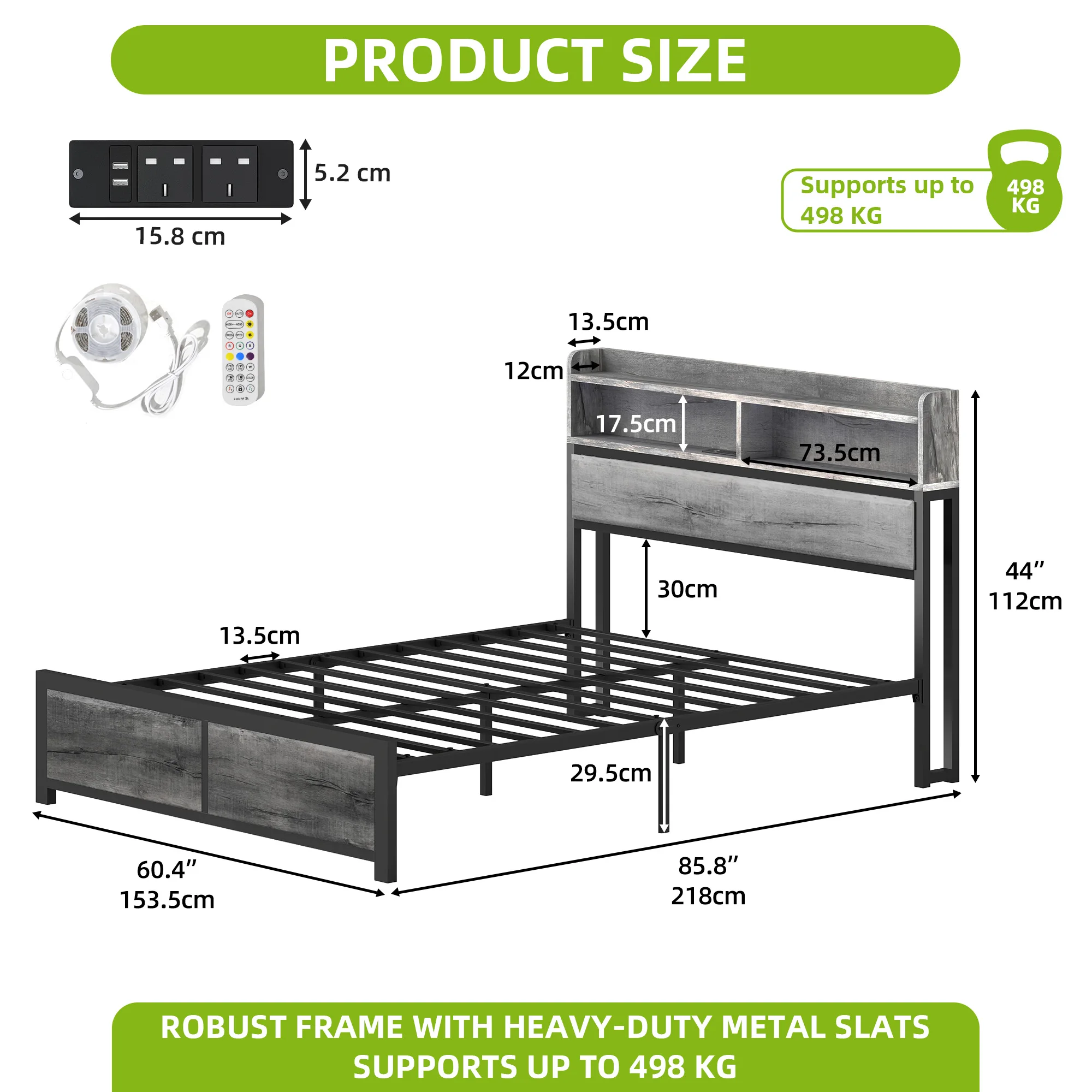 YITAHOME King Size Grey Bed Frame with LED Headboard, USB Ports & 2 Shelves - Metal Platform, No Box Spring Needed - Image 2