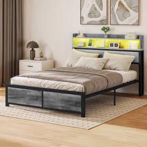 YITAHOME King Size Grey Bed Frame with LED Headboard, USB Ports & 2 Shelves - Metal Platform, No Box Spring Needed