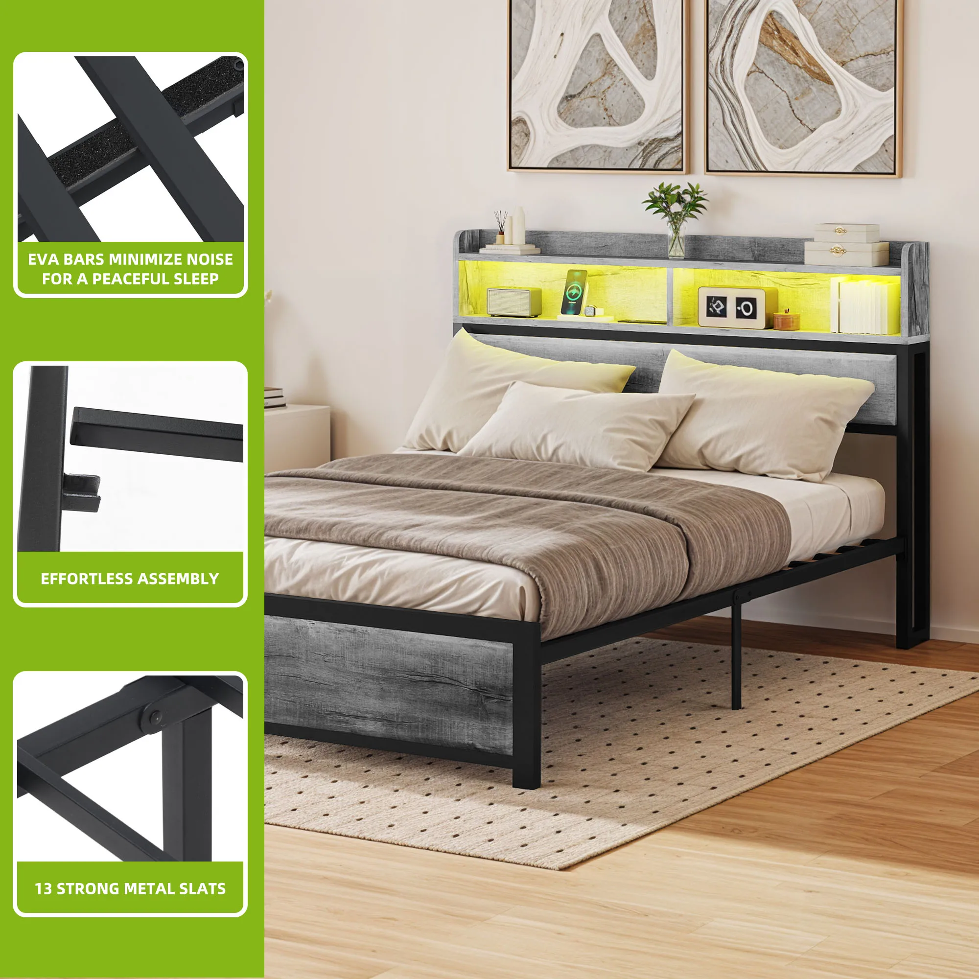 YITAHOME King Size Grey Bed Frame with LED Headboard, USB Ports & 2 Shelves - Metal Platform, No Box Spring Needed - Image 3