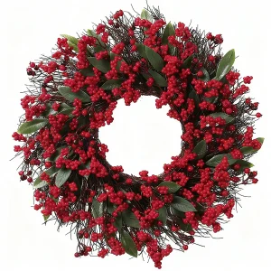 Yannew 18inch Winter Christmas Holly Berry Wreaths for Front Door Silver Snowy Wreath for Xmas Hoilday Indoor Oudoor Decoration