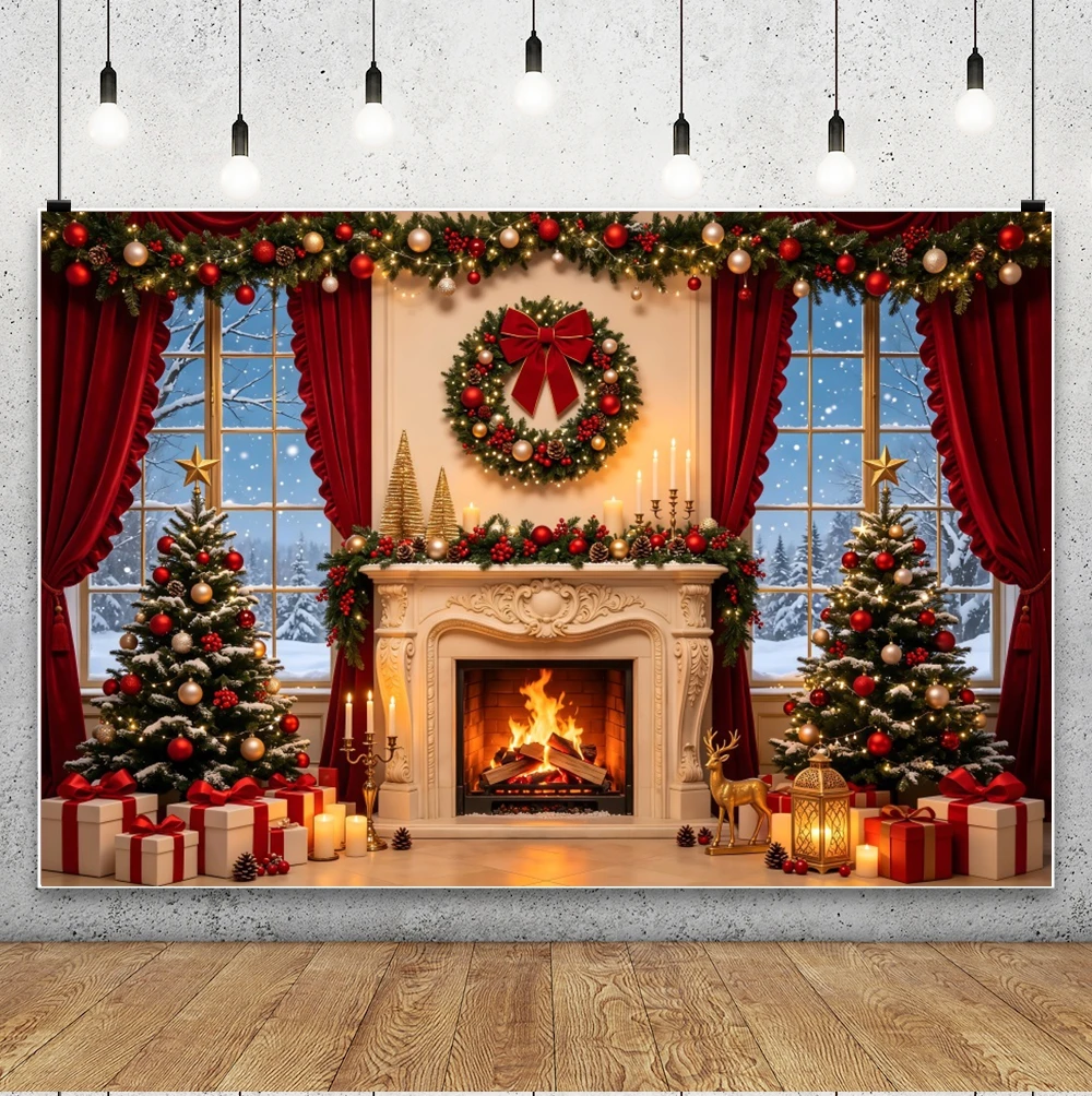 Yeele Christmas Fireplace Photography Backdrop Red Curtain Xmas Tree Winter Indoor Background New Year Family Kids Photo Studio - Image 2