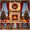 Yeele Christmas Fireplace Photography Backdrop Red Curtain Xmas Tree Winter Indoor Background New Year Family Kids Photo Studio