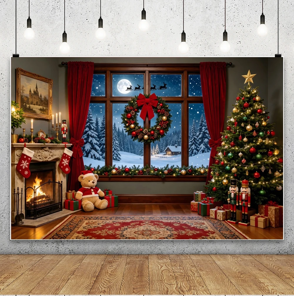 Yeele Christmas Fireplace Photography Backdrop Red Curtain Xmas Tree Winter Indoor Background New Year Family Kids Photo Studio - Image 3