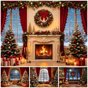 Yeele Christmas Fireplace Photography Backdrop Red Curtain Xmas Tree Winter Indoor Background New Year Family Kids Photo Studio