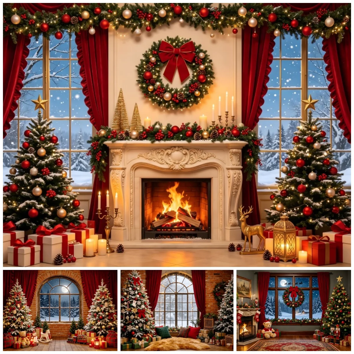 Yeele Christmas Fireplace Photography Backdrop Red Curtain Xmas Tree Winter Indoor Background New Year Family Kids Photo Studio