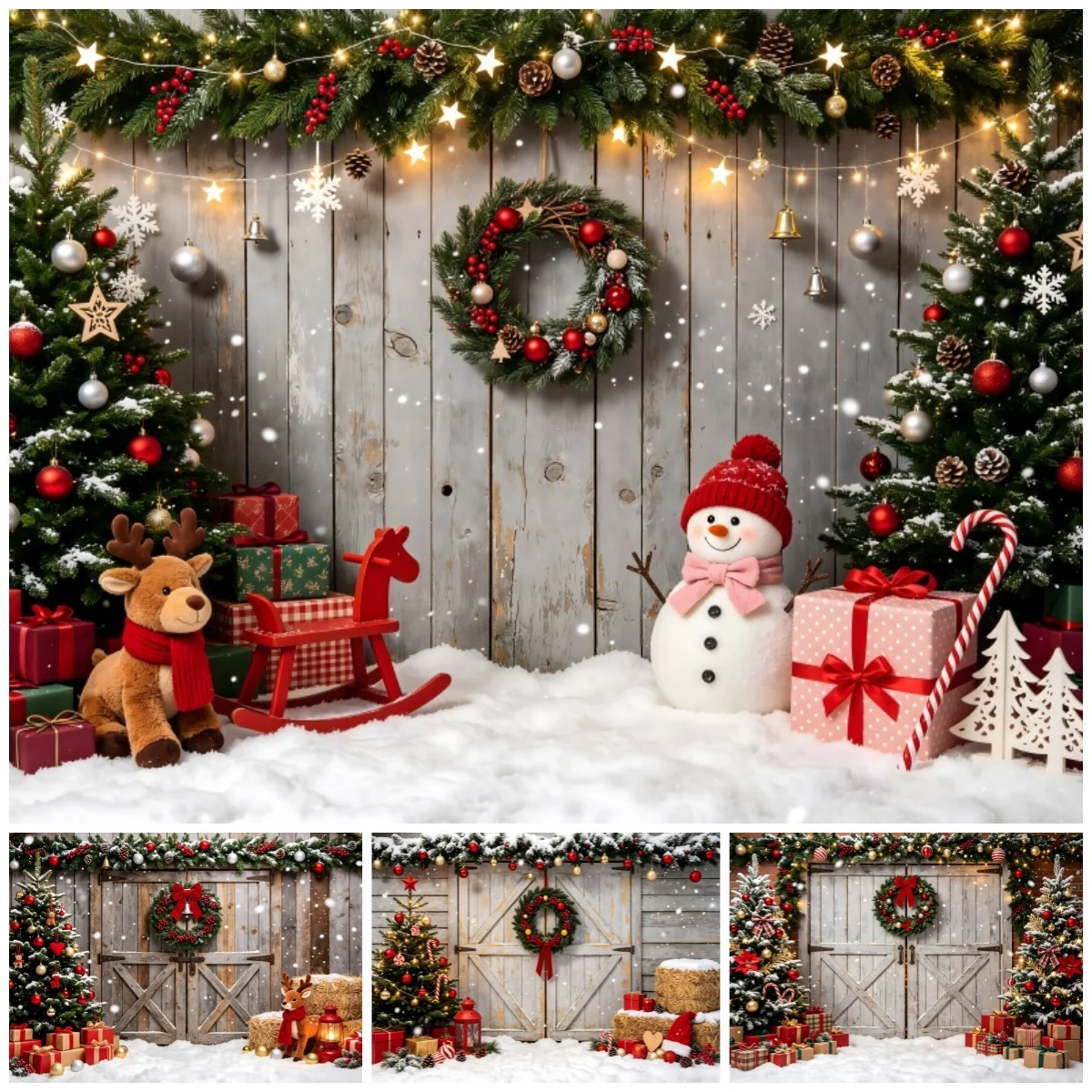 Yeele Christmas Snowman Reindeer Wooden Wall Photography Backdrop Xmas Tree Gift Background Baby Kids Portrait Photo Studio
