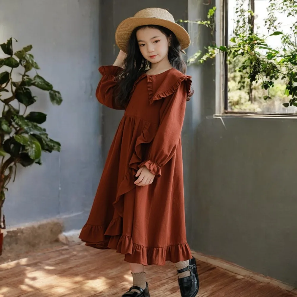 Young Girls Long Dress for Kids Costumes Spring Preppy Long Sleeve Teenagers School Children Clothes Vestidos 6 8 10 12 14 Years