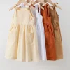 hot sales spring summer fall fashion solid color linen big pocket lace-up slip dress baby girl dress designs