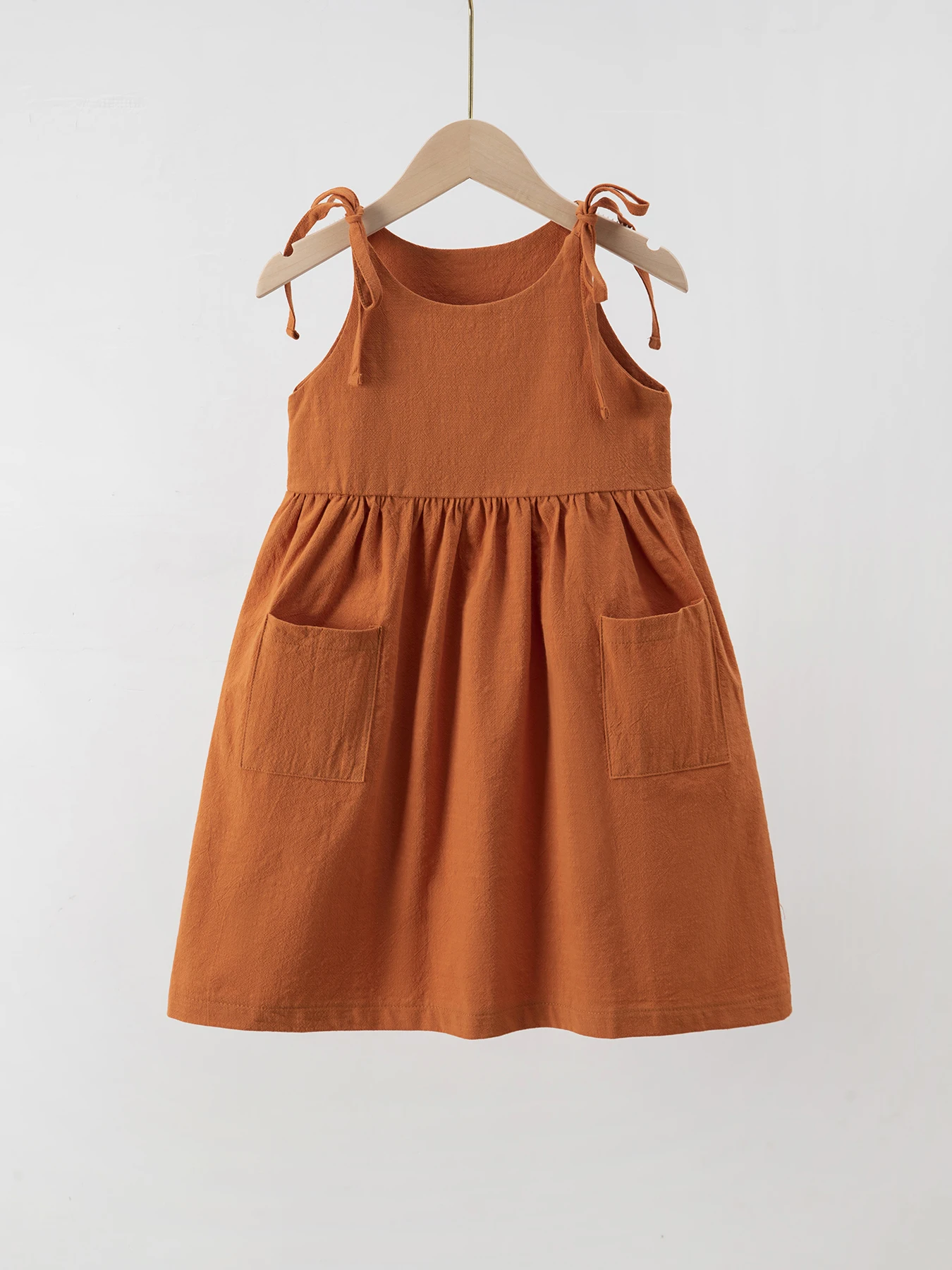 hot sales spring summer fall fashion solid color linen big pocket lace-up slip dress baby girl dress designs - Image 3