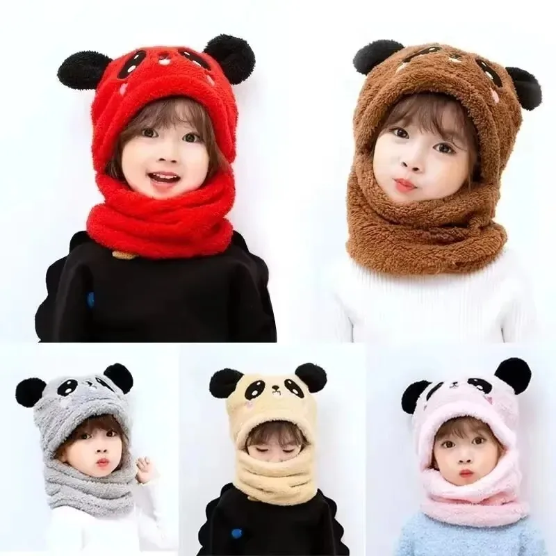 1-5PCS Kids Winter Fleece Lined Balaclava Hat Scarf 2 in 1 Bear Ear Warm Hood with Earflap for Baby Toddler Boys Girls Outdoor - Image 2