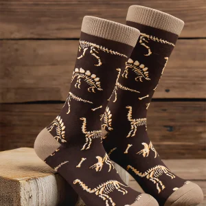 1 Pairs Casual Cotton Socks Men's Dinosaur Skeleton Print Crew Socks,Novelty Retro Fossil Pattern Mid-Calf Socks For Men