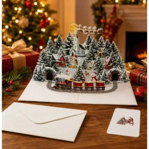 1 Pc 3D Pop Up Christmas Card, Santa Claus Reindeer Snowy Village Moonlight Scene, Holiday Greeting Card for Friends Family