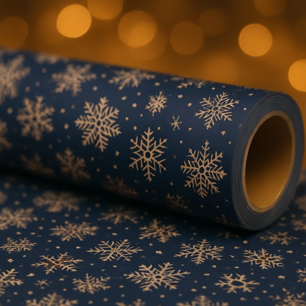 1 Roll Extra Long Dark Blue Snowflake Wrapping Paper Roll - Double-Sided Winter Snowflakes & Navy Blue Gift Wrap, Kraft Paper