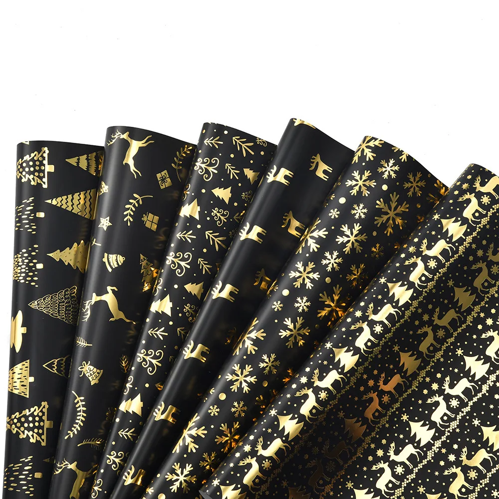 1 Roll Hot Stamping Black Gold Christmas Gift Wrapping Paper with Snowflake Christmas tree Reindeer Printed New Year Celebration