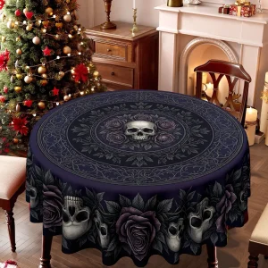 1 tablecloth, Halloween themed Gothic style, rose and skull round printed tablecloth, suitable for dining tables, kitchen tables