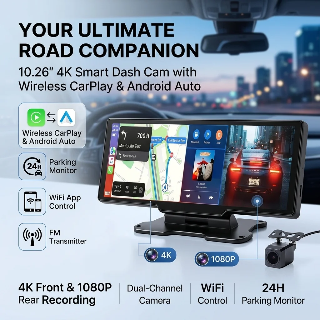 10.26" 4K Front And 1080P Rear Dual Dash Cam with Wireless CarPlay& Android Auto Parking Monitor WiFi App Control FM Transmitter - Image 2