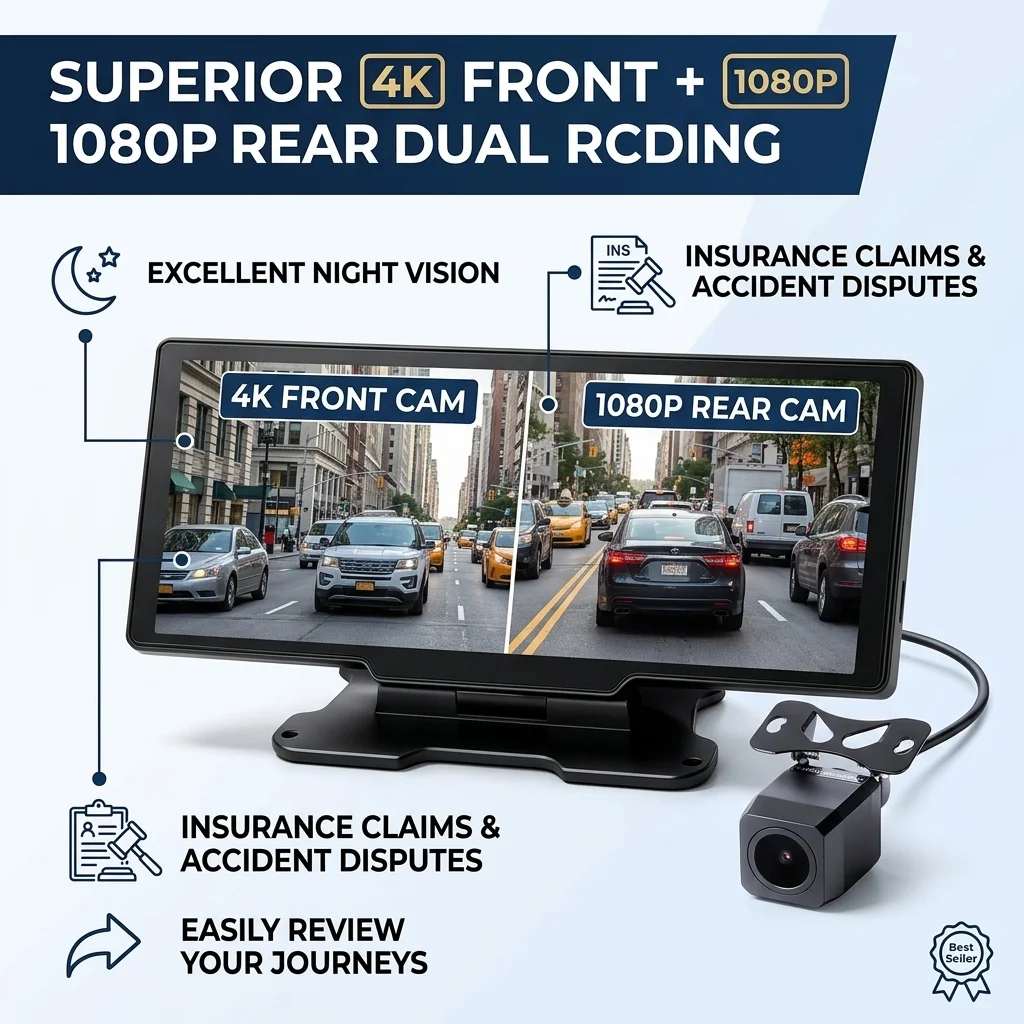 10.26" 4K Front And 1080P Rear Dual Dash Cam with Wireless CarPlay& Android Auto Parking Monitor WiFi App Control FM Transmitter - Image 3