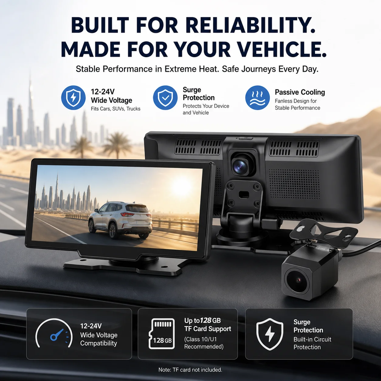 10.26" 4K Front And 1080P Rear Dual Dash Cam with Wireless CarPlay& Android Auto Parking Monitor WiFi App Control FM Transmitter - Image 6