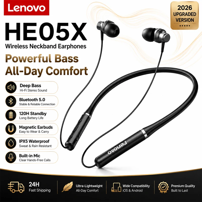 100% Origial Lenovo HE05X Bluetooth Earphones Earphone Waterproof Earplugs HIFI Sound Magnetic Neckband Headset Sports Headphone - Image 2