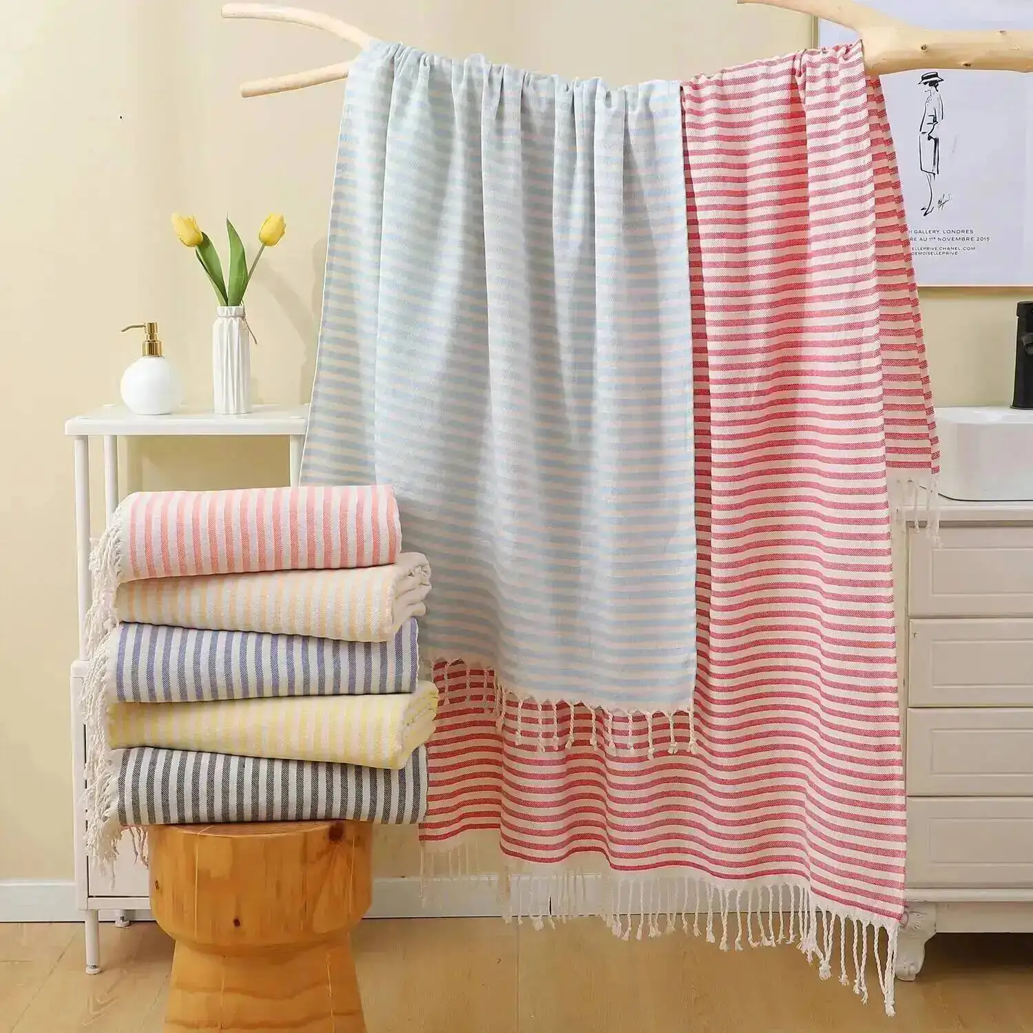 100x180CM Cotton Turkish Beach Towel Sauna Spa Gym Sports Fitness Fringed Bath Towel Shawl Scarf Sang Travel Blanket - Image 2