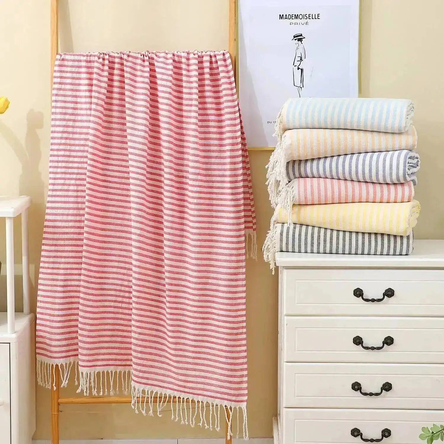 100x180CM Cotton Turkish Beach Towel Sauna Spa Gym Sports Fitness Fringed Bath Towel Shawl Scarf Sang Travel Blanket - Image 3