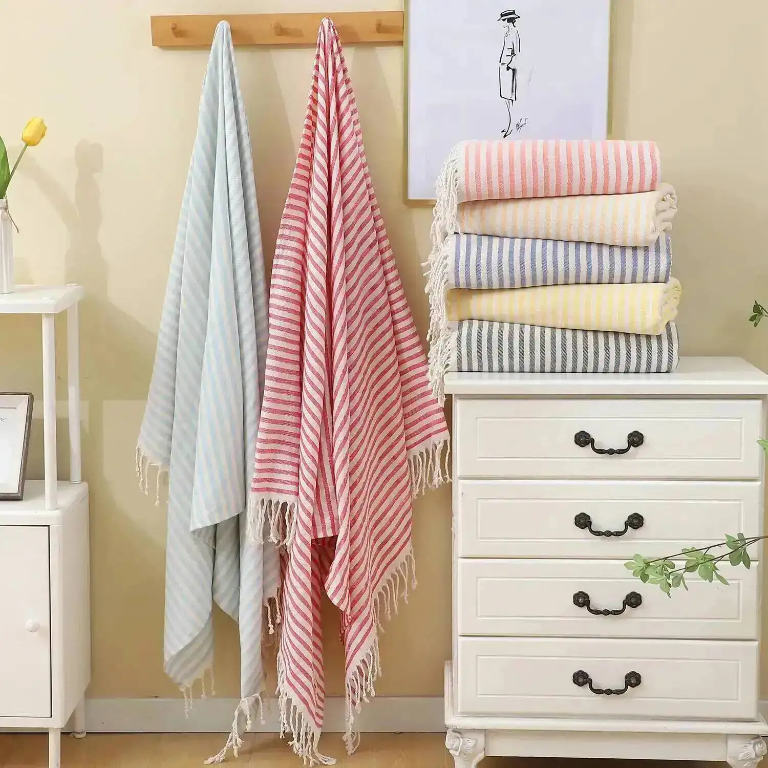 100x180CM Cotton Turkish Beach Towel Sauna Spa Gym Sports Fitness Fringed Bath Towel Shawl Scarf Sang Travel Blanket - Image 4