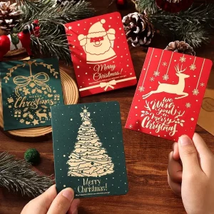 10Pcs Vintage Gold Foil Christmas Folding Greeting Cards Multi Pattern Blessing Holiday Cards New Year Postcard Gift Cards