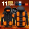 11 Heating Zones Hooded Electric Heated Jacket USB Rechargeable 3‑Level Temperature Control Unisex Winter Warm Heating Coat for