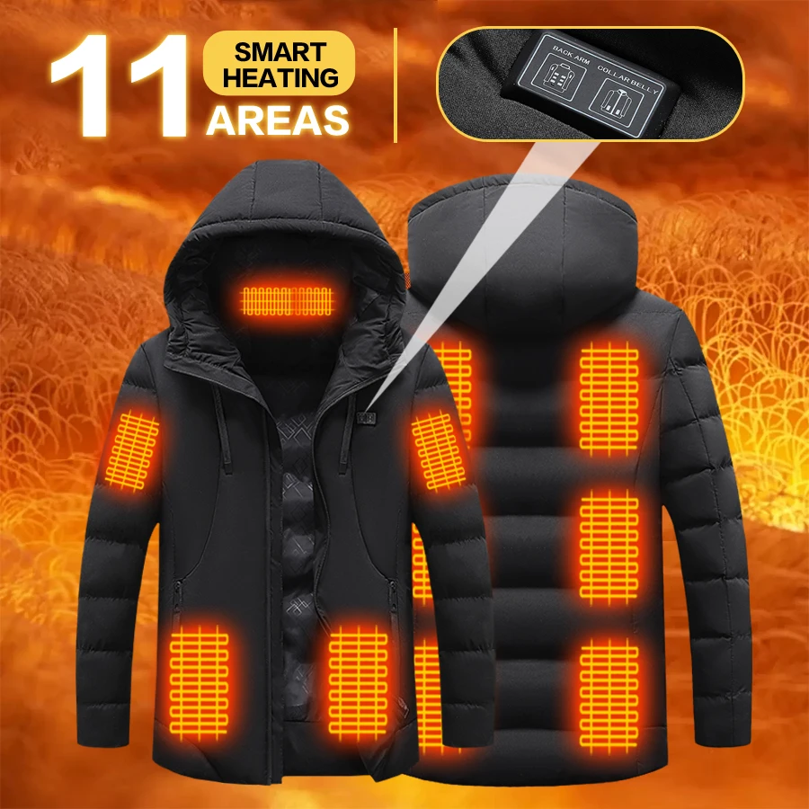 11 Heating Zones Hooded Electric Heated Jacket USB Rechargeable 3‑Level Temperature Control Unisex Winter Warm Heating Coat for - Image 6