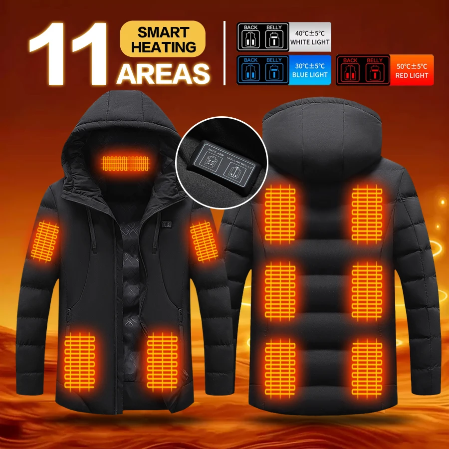 11 Heating Zones Hooded Electric Heated Jacket USB Rechargeable 3‑Level Temperature Control Unisex Winter Warm Heating Coat for