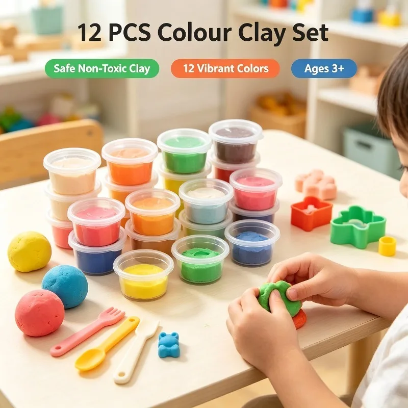 12 Colors Kids Playdough Set Clear Cup Safe Clay Dough Creative Handcraft Material Educational Toddler Toys Fun Modeling Kit Box - Image 4