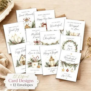 12 Different Designs Christmas Greeting Cards,Watercolor Rustic Holiday,For Christmas Party Favors Holiday Greeting Occasions
