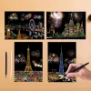 12 Sheets Magic Scratch Art Paper with Stylus Landmarks Animals Painting Stress Relief DIY Craft Drawing Toy Kit Kids Adult Gift