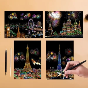 12 Sheets Magic Scratch Art Paper with Stylus Landmarks Animals Painting Stress Relief DIY Craft Drawing Toy Kit Kids Adult Gift