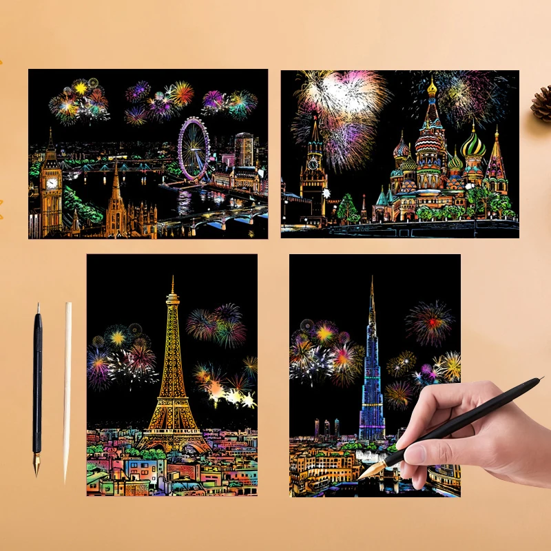 12 Sheets Magic Scratch Art Paper with Stylus Landmarks Animals Painting Stress Relief DIY Craft Drawing Toy Kit Kids Adult Gift