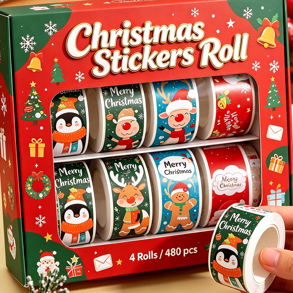 120pcs/Roll Christmas Strip Stickers Xmas Holiday Cards DIY Gift Wrapping Adhesive Santa Claus Snowmen Elk Label Decal Decor