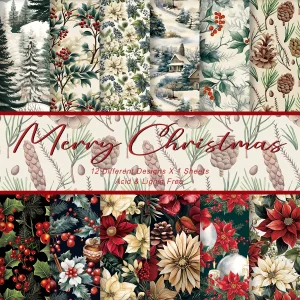 12pcs Christmas Decorative Paper-Holly Berries,Pinecones Design For Scrapbooking Card Making,Christmas Gifts Diy Wrapping Paper