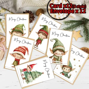 12pcs Christmas Greeting Cards With Envelopes-Cute Elf Designs,Christmas Wishes To Friends Family,Party Favors,Festive Mailings